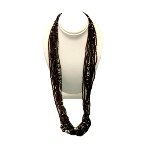 Vintage Jewelry - Multi strand seed beads vintage necklace bronze brown amber spring ring closer